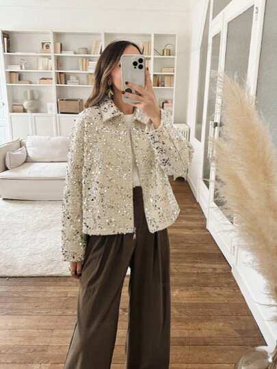 Serisse Women's Autumn Chic Tweed Sequin Zip-Up Cardigan Winter Luxury