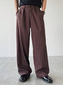 Manfinity Hypemode Quần ống đứng sọc túi chéo thường ngày cho nam, màu nâu đỏ - Cà phê nâu - Xem 5