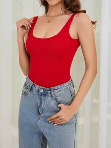 INAWLY Women's Summer Solid Color Slim Fit Spaghetti Strap Casual Bodysuit With Big Backless Design - Red - View 2