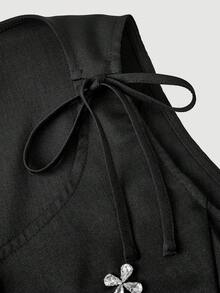 SHEIN MOD 大码优雅通勤水晶装饰无袖黑色西装外套，黑色水钻上衣，黑色马甲女式工作上衣，西式女式上衣 - 黑色 - 查看 3