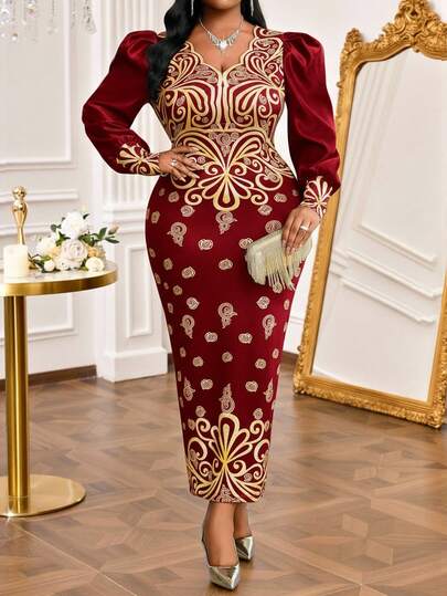 SHEIN Lady New Plus Size Spring, Summer, Autumn And Winter Red Knitted Wave Collar Palace Style Print Burgundy Puff Sleeve Slim Long Dress Winter Red Dresses For Women Christmas Dress Thanksgiving Outfit For Women Graduation Dress Stylish Clothing Collection  Floral Dress For Women Luxury Evening Dresses For Women Winter Dress  New Year Outfit  Party Dress  Floral Dress Red Dress For Women