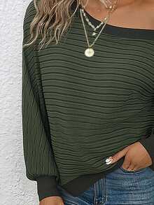 EMERY ROSE Casual Loose Oblique Shoulder Long Sleeve Striped Sweatshirt - Green - View 3