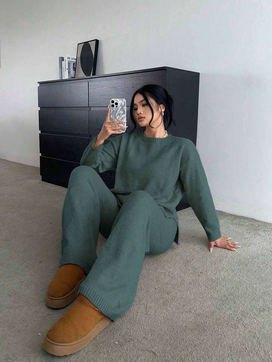 Flirla Soft & Flattering Versatile Casual Wide Leg Pants & Long Sleeve Knit Set - Green - View 1