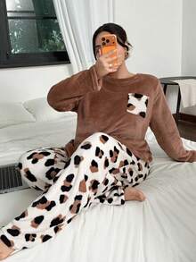 SHEIN Plus Size Women Leopard Print Long Sleeve Top & Pants Flannel Pajama Set , Fluffy Cozy Winter Clothes - Multicolor - View 1