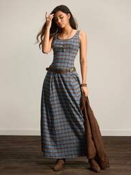 Easelle Vestido Vintage Nômade de Pescoço Quadrado com Cintura e Barra Evasê para Mulheres, Estilo Retrô com Padrão Xadrez com Painéis Frontal e Traseiro, Vestido Longo Casual Assimétrico Confortável e Amigável à Pele para Mulheres