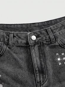 ROMWE Grunge Punk Punk Sexy Y2K Striped Rivet Cross Women's Kpop Denim Shorts - Dark Grey - View 2
