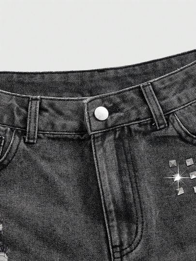 Grunge Punk Short en jean femme rayé, rivet, croix, style grunge punk, sexy Y2K
