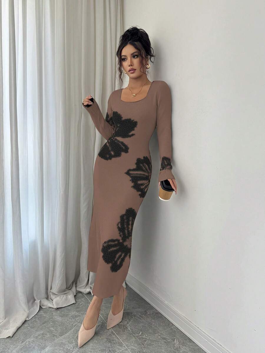 Elenzga Váy len bó sát eo dệt kim Jacquard cổ vuông - Màu Khaki - Xem 1