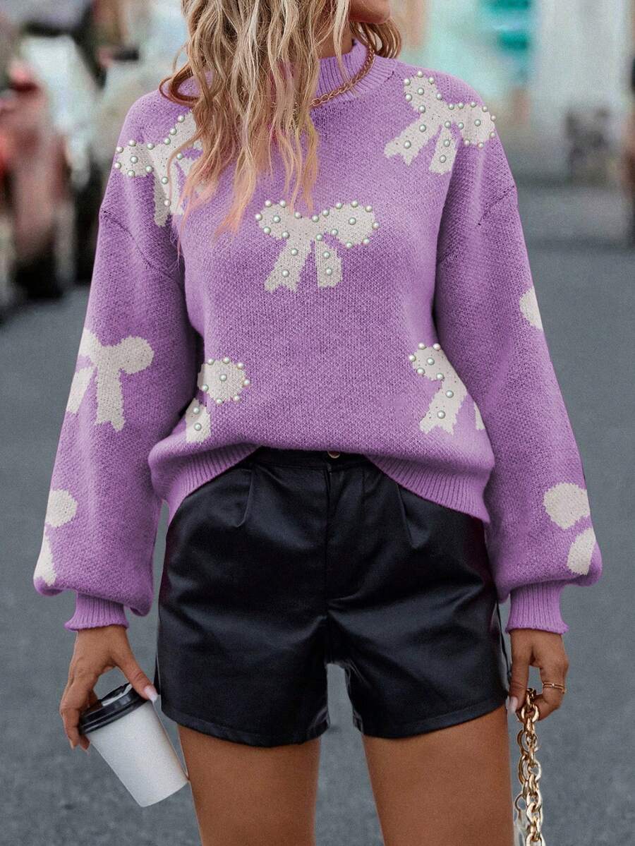 SHEIN LUNE Suéter de punto con cuello redondo, ajuste holgado y mangas farol - Morado - Ver 1