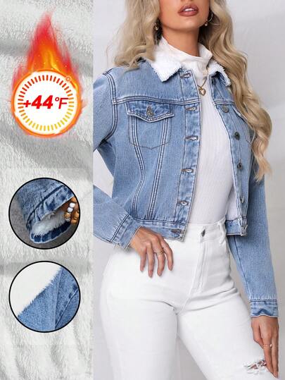 SHEIN PETITE Chaqueta y abrigo de mezclilla de manga larga con botones frontales y forro térmico de unicolor para mujer, otoño/invierno