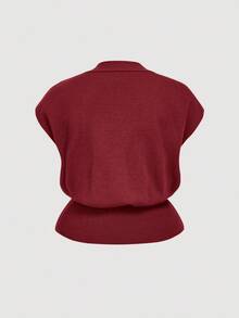 SHEIN MOD Áo len cardigan không tay cổ chữ V khoét sâu cỡ lớn, trang phục công sở thanh lịch cho mùa thu/đông - Màu Đỏ Sâu - Xem 3