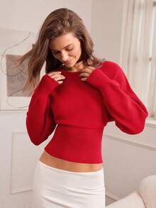 Hanevo Casual Round Neck Drawstring Waist Slim Fit Solid Color Knit Sweater, Versatile For Autumn/Winter - Red - View 4