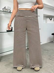 SHEIN EZwear 大码女式条纹阔腿宽松休闲裤 - 彩色 - 查看 3