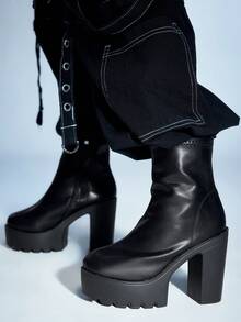 Sugerpunk Women's Black Formal Work Shoes Lace-Up Chunky Heel Goth Boots, Side Zipper Punk Rock Motorcycle Boots, Low Heel Party Dress Shoes, Ankle Boots And Short Boots For Christmas - Black - View 7