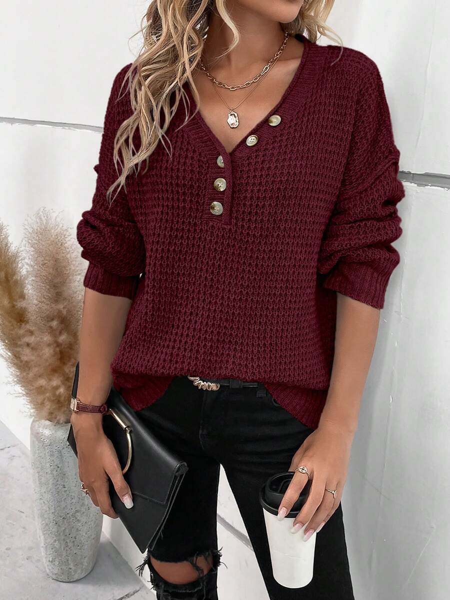 SHEIN LUNE Áo len dệt kim dáng rộng trễ vai màu trơn đơn giản, thu/đông - Màu Đỏ Sâu - Xem 1