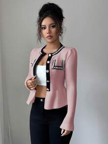 Elenzga Women's Contrast Color Pearl Waist Cardigan, Long Sleeve - Baby Pink - View 7
