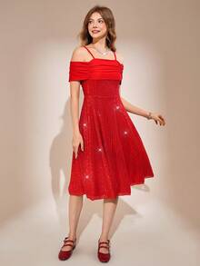Teen Girls' Sequin Casual Elegant Long Sleeve Bowknot Dress, Red - Burgundy - View 6
