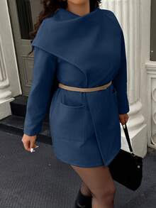 Easura Mantel Wol Wanita Ukuran Besar Warna Polos Lengan Panjang Model Syal, Musim Gugur/Dingin - Navy Blue - View 7