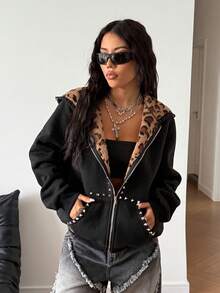 StreetHx Áo nỉ nỉ họa tiết da báo đinh tán phong cách Street Subculture dành cho nữ - màu đen - Xem 4