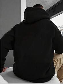 Manfinity Homme Plus Size Men's Casual Letter Graphic Pocket Drawstring Hoodie Sweatshirt, Autumn - Black - View 2