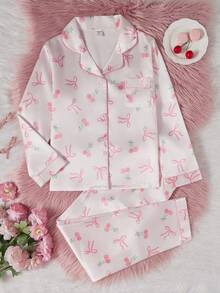 2pcs Tween Girls Cute Bow Print Lapel Cardigan & Casual Pants Set, Comfortable Sleepwear,Summer,Travel - Pink - View 4