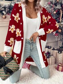 LanaWest Bear Pattern Dual Pocket Contrast Trim Dual Pocket Cardigan For New Year Clothes - Burgundy - View 5