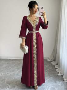 Elenzga Women's Elegant Fringe & Sequin Patchwork Dress - Red - View 4