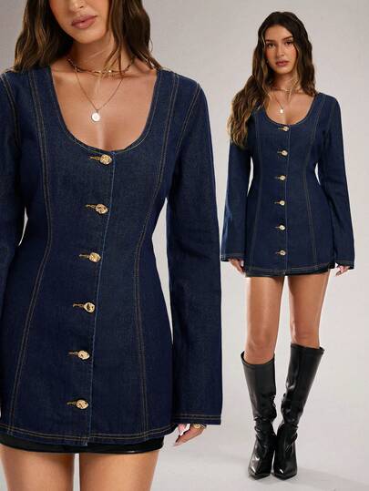 Avantive Chaqueta vaquera de manga larga de unicolor y minimalista para uso diario de mujer