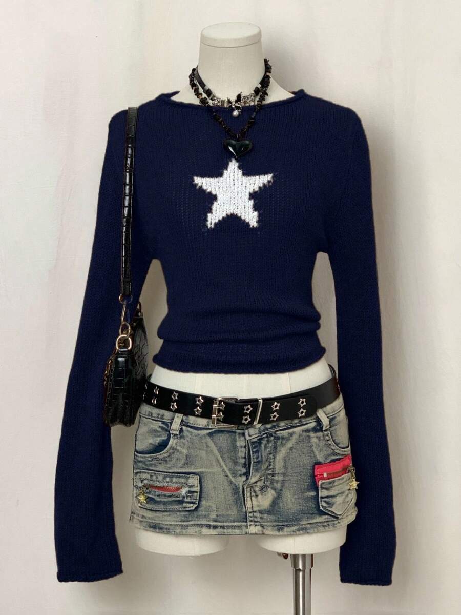 EgrlEra Women's Casual Pentagram Pattern Round Neck Long Sleeve Sweater, Autumn/Winter - Navy Blue - View 1