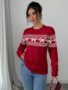 Selianne Áo len chui đầu thường ngày cổ tròn trang trí nơ Jacquard - Đỏ - Xem 3