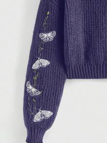 ROMWE Goth Plus Size Moth & Butterfly Vine Embroidered Pullover Sweater, Vintage Purple Embroidered Christmas Sweater, Plus Size Women Pullover Sweater - Purple - View 4