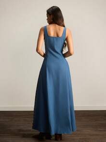 Easelle 复古游牧风方领收腰喇叭下摆女式连衣裙，复古格纹图案，前后拼接设计，舒适亲肤，女士长款格纹连衣裙，女士休闲长裙，不对称设计连衣裙 - 彩色 - 查看 2