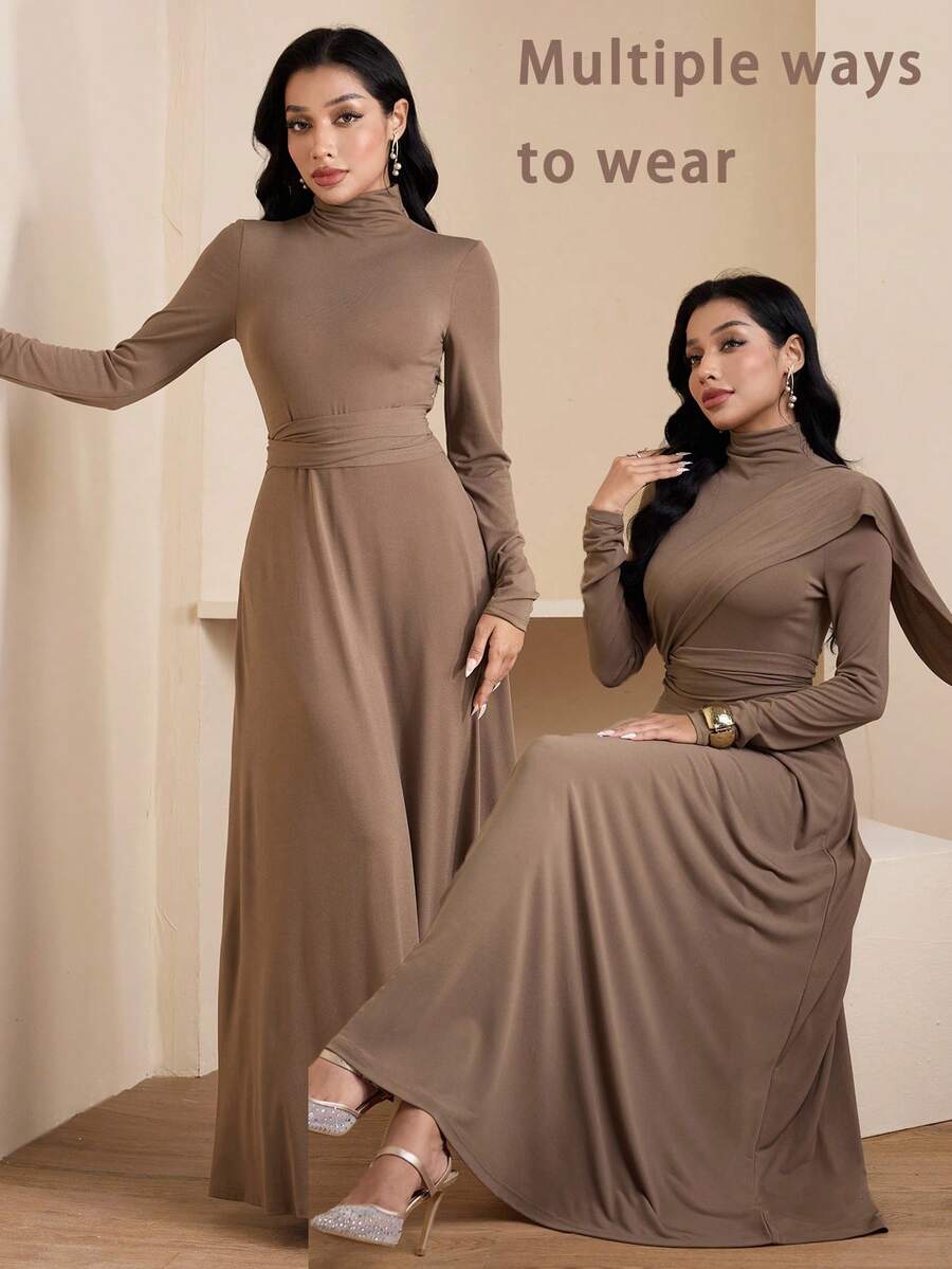 Veilorie Women's Solid Color Stand Collar Raglan Sleeve Waist Cinched Fashionable Arabic Style Dress - Brown - View 1
