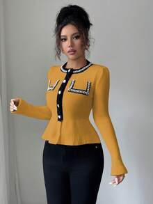 Elenzga Women's Contrast Color Round Neck Raglan Sleeve Elegant Pearl Waist Cardigan - Yellow - View 6