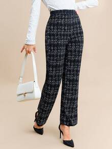 SHEIN Clasi Summer Elegant Women's Plaid Printed Elastic Knitted Pants, Suitable For Various Occasions, Suitable For Summer Vacation, Elegant Travel, And Daily Commuting