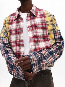 SUMWON 短款拼布格子纽扣衬衫长袖法兰绒领休闲男装 - 彩色 - 查看 6