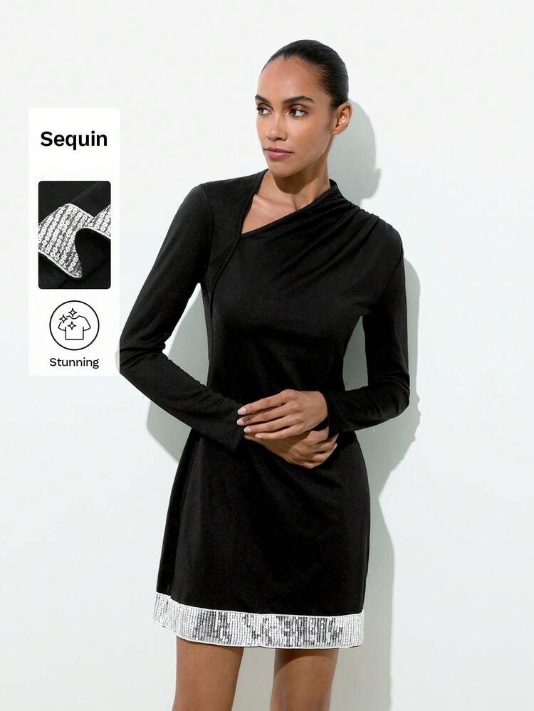 SHEIN Maija Women's Asymmetric Neck Long Sleeve Ruffle Sequin Patchwork Elegant Mini Dress Sparkly Dress Elegant Party Dresses For Women