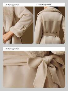 Anewsta 女士秋冬长款翻领腰带双排扣仿皮草大衣，优雅时尚 - 米色 - 查看 9