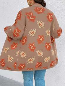 EMERY ROSE Plus Size Dropped Shoulder Casual Maple Leaf Jacquard Knit Cardigan - Camel - View 2