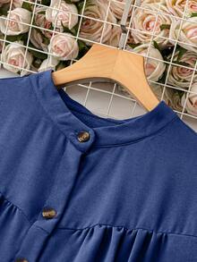 EMERY ROSE 加大码纯色前开襟长袖连衣裙，圣诞节女士长款套装 - 藍色 - 查看 4