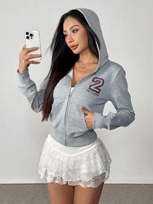 SHEIN Tall Sudadera casual y versátil con estampado numérico para mujer, otoño/invierno - Gris Claro - Ver 4