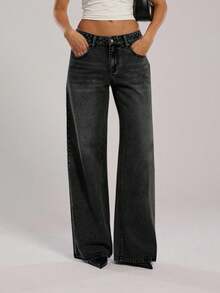 SHEIN Forever 21 Xuân Hè Nữ Lãng mạn/Dạ hội/Trang trọng/Sinh nhật/Thập niên 90/Công sở thường ngày/Thanh lịch/Trang phục phương Tây/Đi chơi/Thời trang/Thường ngày/Quần áo Y2k/Câu lạc bộ/Văn phòng/Cocktail/Cổ điển/Bodycon/Trang phục Rave/Vui nhộn/Sang trọng/Quý tộc/Đường phố/Kỳ nghỉ/Hòa nhạc đồng quê/Công sở/Khiêm tốn/Nghỉ xuân/Trang phục độc thân/Hòa nhạc/Baddie/Cơ bản/Tốt nghiệp/Xanh lam/Cạp trễ/Quần rộng thùng thình/Ống thẳng/Ống rộng/Trang phục cao bồi/Quần jean - màu đen - Xem 2