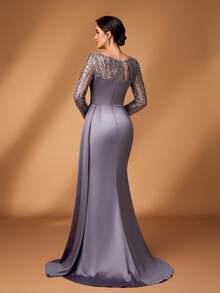 Serin Váy đuôi cá dài tay bằng vải satin co giãn, thêu hoa lưới đính ngọc trai và sequin sang trọng, thanh lịch, xẻ tà bên hông, thích hợp cho đám cưới, tiệc tùng, kỳ nghỉ, váy dạ hội cho cô dâu và mẹ cô dâu - Màu xám đen - Xem 3