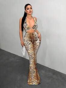 SHEIN SXY 时尚性感紧身露背动物纹镂空连体裤 - 彩色 - 查看 5
