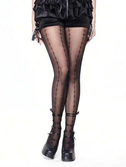 Grunge Punk 1 par de medias con estampado de esqueleto sexy, pantimedias de color negro sólido de estilo minimalista Y2K, leggings transparentes súper delgados y elásticos