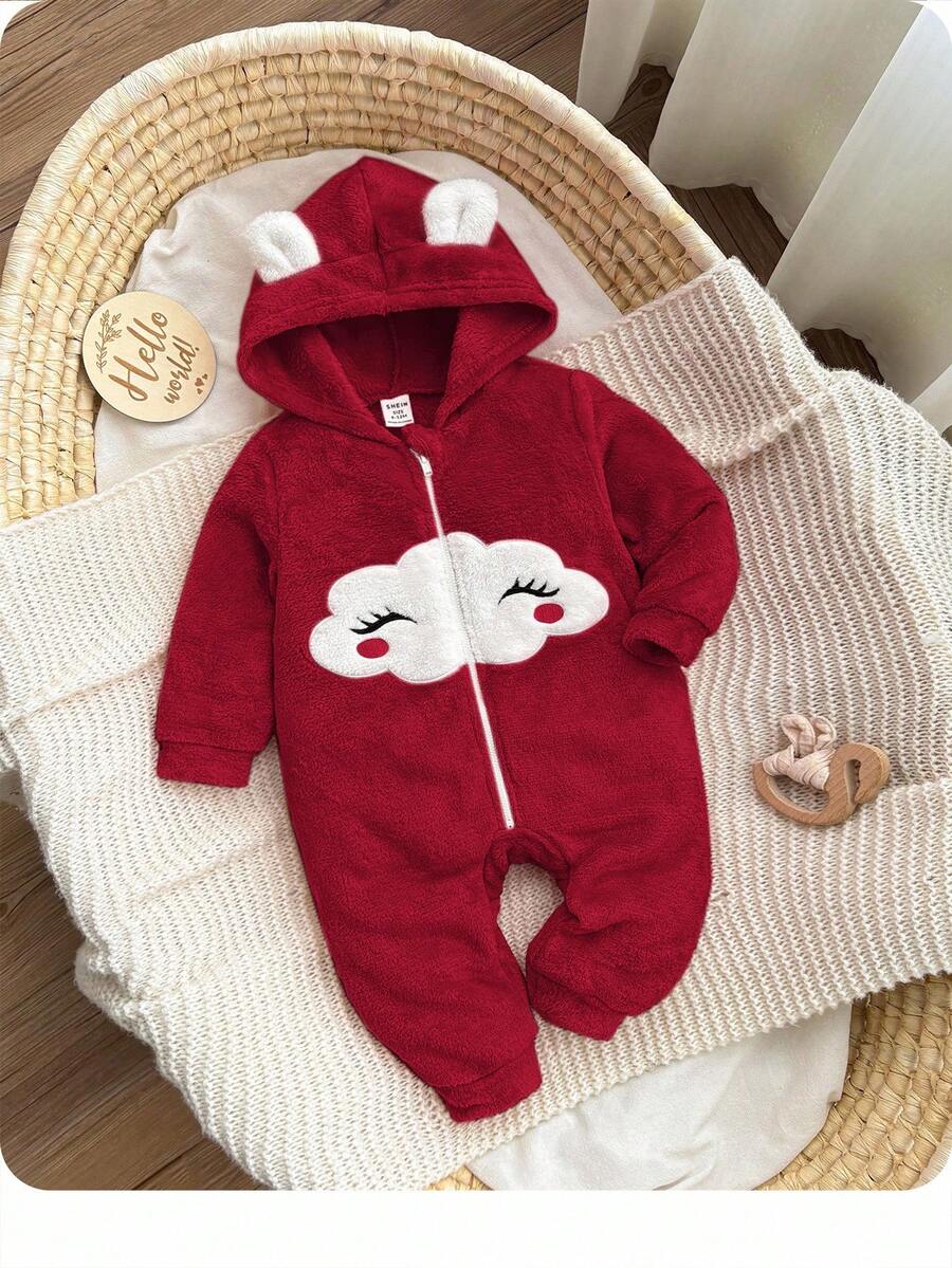 新生女宝宝可爱粉色毛绒卡通图案连帽连体衣，秋冬季 - 紅色 - 查看 1