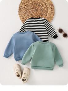 Bộ 3 áo nỉ dài tay họa tiết hoạt hình sọc kẻ dễ thương cho bé sơ sinh, áo thun dài tay cho bé trai và bé gái, thích hợp mặc mùa thu, quần áo trẻ em dễ thương cho cả bé trai và bé gái. - Nhiều màu - Xem 2