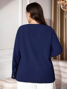 Modelyn Chemise décontractée à manches longues et col en V de couleur unie pour femmes grandes tailles - Bleu azur - Voir 2