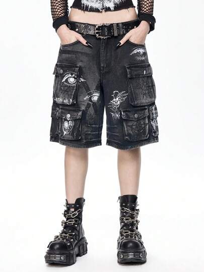 Grunge Punk Y2K Retro Eye Trace Totem Star Moon Spider Web English Women Denim Shorts