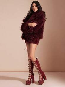 SHUZIA Fashionable Run-Way Women's Burgundy Thick Platform Chunky Heel Knee High Round Top Multi Buckle Strap Comfort Fall Winter Holiday Shoe For Christmas Valentine's Day - Burgundy - View 5